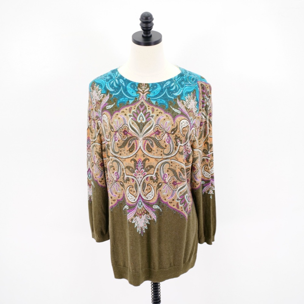 Talbots‎ Petite XLP Brown Teal Orange Barogue Pullover Sweater Round Neck Knit